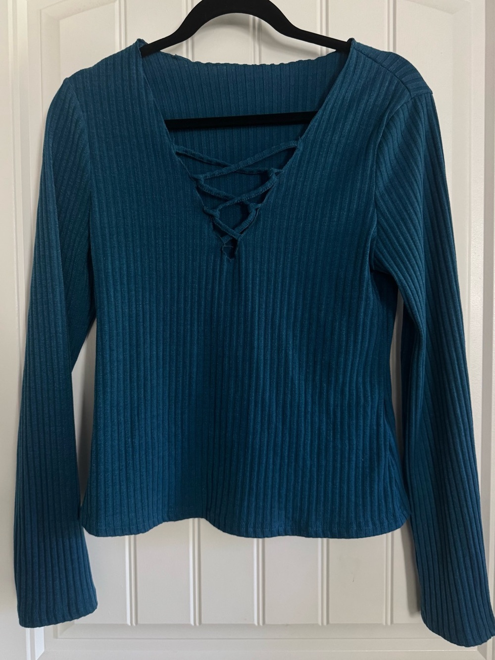 SHEIN Teal Ribbed Lace-Up V-Neck Long Sleeve Top